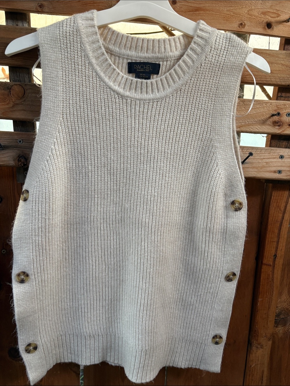 Rachel Cream Sleeveless Ribbed Knit Vest with Side Buttons